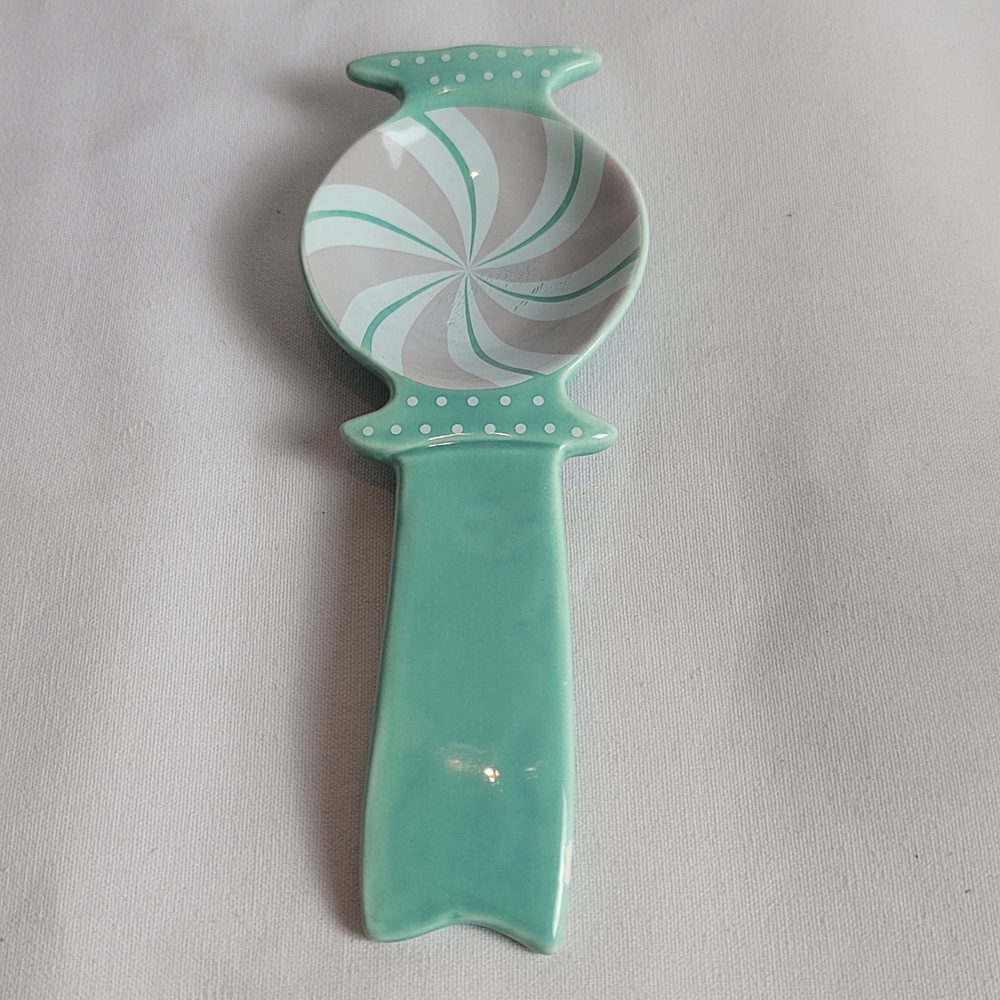 Ceramic Teal Spoon Rest Peppermint Candy Pastel Design